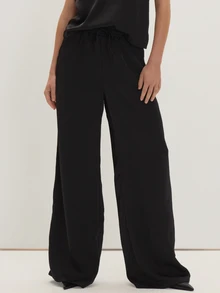MUSEYN Black Satin Elastic Tie Waist Loose Fit Pants Versatile Classic Comfortable Everyday Office Fall - Black - View 2