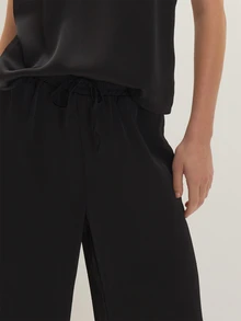 MUSEYN Black Satin Elastic Tie Waist Loose Fit Pants Versatile Classic Comfortable Everyday Office Fall - Black - View 5