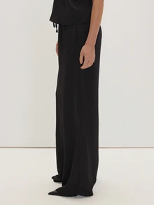 MUSEYN Black Satin Elastic Tie Waist Loose Fit Pants Versatile Classic Comfortable Everyday Office Fall - Black - View 3