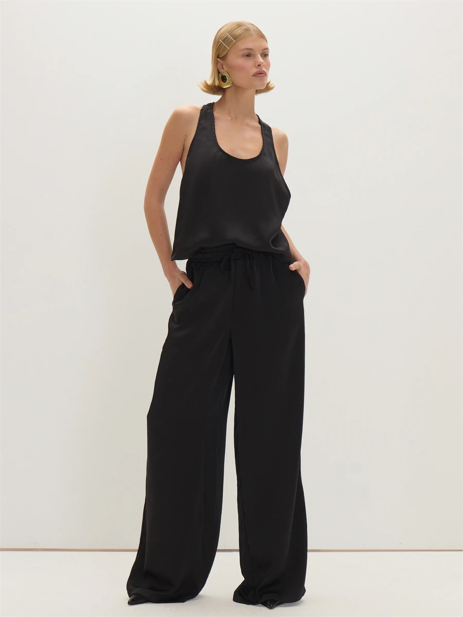 MUSEYN Black Satin Elastic Tie Waist Loose Fit Pants Versatile Classic Comfortable Everyday Office Fall - Black - View 1