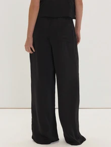 MUSEYN Black Satin Elastic Tie Waist Loose Fit Pants Versatile Classic Comfortable Everyday Office Fall - Black - View 4