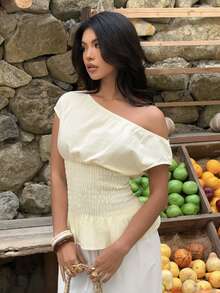 Aloruh Women's Elegant Asymmetrical Shoulder Butter Yellow Top,Summer Seksi Chic Vacation Blouse,Smocked Cinched Waist Solid Color Babydoll Fitted Commuting - Apricot - View 8