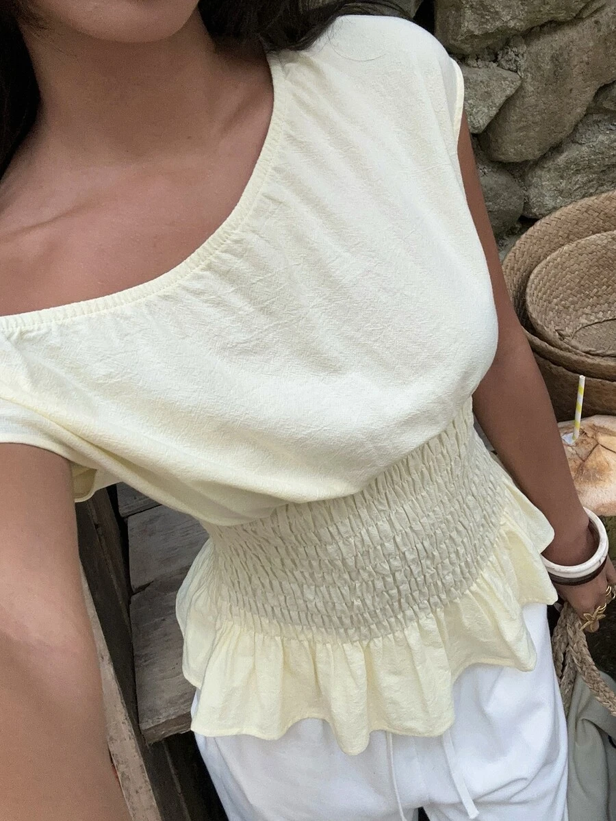 Aloruh Women's Elegant Asymmetrical Shoulder Butter Yellow Top,Summer Seksi Chic Vacation Blouse,Smocked Cinched Waist Solid Color Babydoll Fitted Commuting