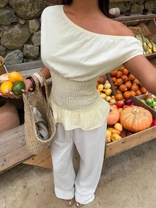 Aloruh Women's Elegant Asymmetrical Shoulder Butter Yellow Top,Summer Seksi Chic Vacation Blouse,Smocked Cinched Waist Solid Color Babydoll Fitted Commuting - Apricot - View 6