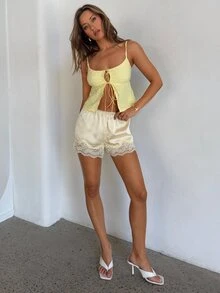 Aloruh Women's Spring/Summer New Elegant, Romantic, Fashionable Vacation/Date Cute Yellow Bow Tie Knit Jacquard Texture Camisole - Yellow - View 6