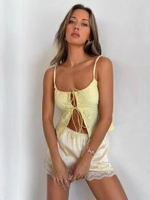 Aloruh Women's Spring/Summer New Elegant, Romantic, Fashionable Vacation/Date Cute Yellow Bow Tie Knit Jacquard Texture Camisole - Yellow - View 4