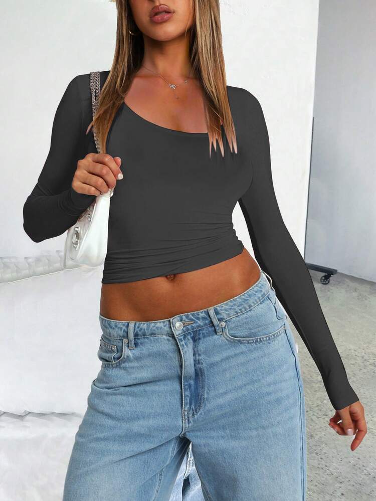 Chiquease Scoop Neck Ruched Side Crop Tee For Dailywear Fall Cloth For Women - Grey - View 4