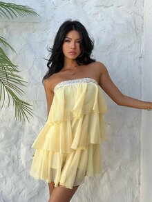 Aloruh Women's Pale Yellow,Summer,Casual,Boat Trip,Holiday,Vacation,Holiday Strapless Sequin Chiffon Multi-Layered Ruffle Hem Beach Mini Wedding Guest Dress - Light Yellow - View 6
