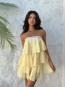 Aloruh Women's Pale Yellow,Summer,Casual,Boat Trip,Holiday,Vacation,Holiday Strapless Sequin Chiffon Multi-Layered Ruffle Hem Beach Mini Wedding Guest Dress - Light Yellow - View 2