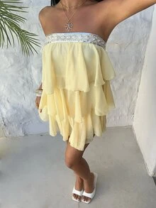 Aloruh Women's Pale Yellow,Summer,Casual,Boat Trip,Holiday,Vacation,Holiday Strapless Sequin Chiffon Multi-Layered Ruffle Hem Beach Mini Wedding Guest Dress - Light Yellow - View 4