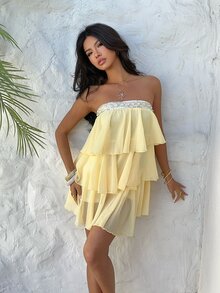 Aloruh Women's Pale Yellow,Summer,Casual,Boat Trip,Holiday,Vacation,Holiday Strapless Sequin Chiffon Multi-Layered Ruffle Hem Beach Mini Wedding Guest Dress - Light Yellow - View 8