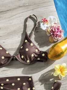 Swim SXY 女款夏季海灘波點印花性感時尚比基尼兩件式泳衣套裝，附遮罩裙，隨機印花，鋼圈設計 - 巧克力棕 - 查看 7