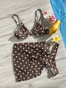 Swim SXY 女款夏季海灘波點印花性感時尚比基尼兩件式泳衣套裝，附遮罩裙，隨機印花，鋼圈設計 - 巧克力棕 - 查看 2