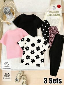 SHEIN 3套女童春夏時尚創意清新可愛豹紋蝴蝶結愛心黑色花卉休閒風短版T恤與內搭褲套裝 - 彩色 - 查看 2