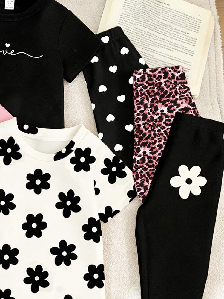 SHEIN 3SETS Spring And Summer Young Girl Girls Casual Fashion Creative Personalized Fresh Cute Minimalist Leopard Bow Heart Black Floral Letter Slogan Print Casual Style Basic Short T-Shirt And Leggings Set Comfortable Daily Wear - Multicolor - View 4