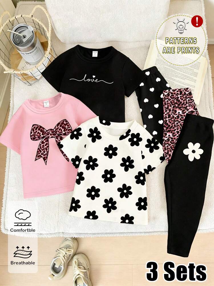 SHEIN 3SETS Spring And Summer Young Girl Girls Casual Fashion Creative Personalized Fresh Cute Minimalist Leopard Bow Heart Black Floral Letter Slogan Print Casual Style Basic Short T-Shirt And Leggings Set Comfortable Daily Wear - Multicolor - View 1