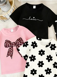 SHEIN 3套女童春夏時尚創意清新可愛豹紋蝴蝶結愛心黑色花卉休閒風短版T恤與內搭褲套裝 - 彩色 - 查看 3