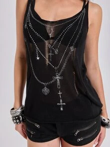 ROMWE Y2K Chain Star Pattern Cami Knit Top Halloween Holiday Night Out Black And Silver Summer Goth - White - View 7