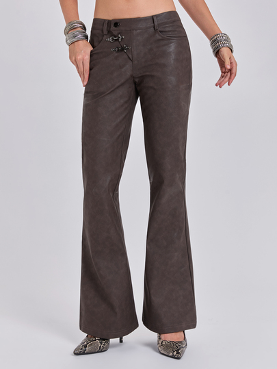All Season Y2K Millennium Style Hot Girl Streetwear Slim Straight Leg Leather Pants With Asymmetric Waistband And Button Decor