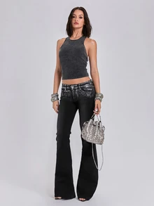 ROMWE Celana Jeans Slim Fit Potongan Lurus Pinggang Sangat Rendah Gaya Jalanan Indie Sleaze Y2K Musim Semi/Panas dengan Bordir Foil Perak - Dark Grey - View 3