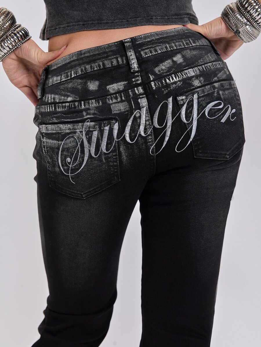 ROMWE Celana Jeans Slim Fit Potongan Lurus Pinggang Sangat Rendah Gaya Jalanan Indie Sleaze Y2K Musim Semi/Panas dengan Bordir Foil Perak - Dark Grey - View 1