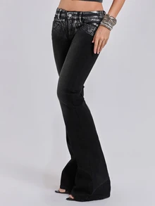 ROMWE Celana Jeans Slim Fit Potongan Lurus Pinggang Sangat Rendah Gaya Jalanan Indie Sleaze Y2K Musim Semi/Panas dengan Bordir Foil Perak - Dark Grey - View 4