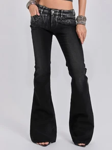 ROMWE Celana Jeans Slim Fit Potongan Lurus Pinggang Sangat Rendah Gaya Jalanan Indie Sleaze Y2K Musim Semi/Panas dengan Bordir Foil Perak - Dark Grey - View 5