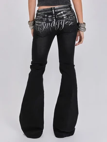 ROMWE Celana Jeans Slim Fit Potongan Lurus Pinggang Sangat Rendah Gaya Jalanan Indie Sleaze Y2K Musim Semi/Panas dengan Bordir Foil Perak - Dark Grey - View 7