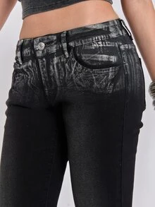ROMWE Celana Jeans Slim Fit Potongan Lurus Pinggang Sangat Rendah Gaya Jalanan Indie Sleaze Y2K Musim Semi/Panas dengan Bordir Foil Perak - Dark Grey - View 6