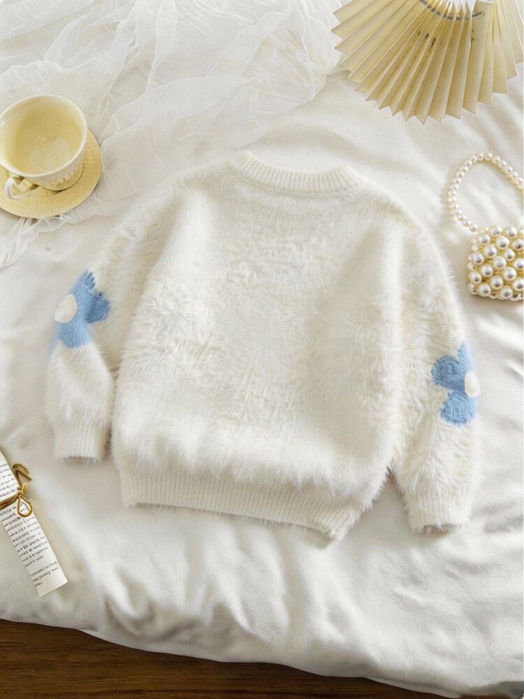 SHEIN Vintaside Kids Sweater Pullover Lengan Panjang Leher Bulat untuk Anak Perempuan Warna Pink Lucu Terbuat dari Bulu Cerpelai Imitasi dengan Kerah Bulat - Putih - View 2