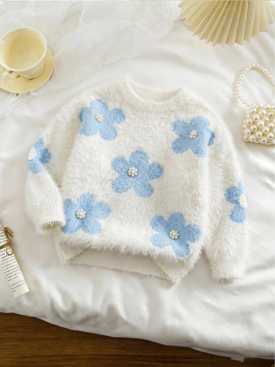 SHEIN Vintaside Kids 女童圓領套頭長袖毛衣,可愛粉色,人造貂毛材質,附蝴蝶結 - 白色 - 查看 1