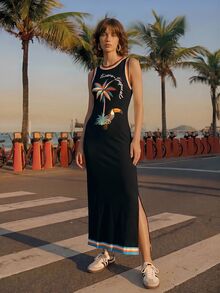 CAJUNI Vacation Casual Coconut Tree Print Sleeveless Long Dress - Black - View 6