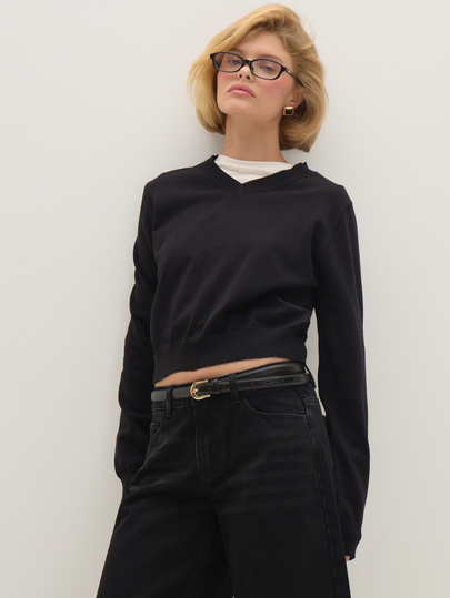 MUSEYN Black Knit High V Neckline Long Sleeve Mid Waist Jumper Cosy Textured Everyday Casual Fall