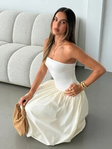 Aloruh 女士杏色优雅浪漫现代时尚约会晚宴日常通勤修身褶皱无肩带连衣裙，春夏款 - 杏色 - 查看 7