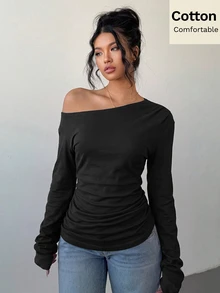 Siren Gaze Women's Solid Color Asymmetric Collar Ruched Waist T-Shirt Night Out Black Autumn Sexy - Black - View 7