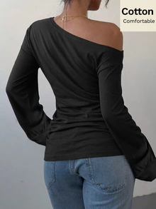 Siren Gaze Women's Solid Color Asymmetric Collar Ruched Waist T-Shirt Night Out Black Autumn Sexy - Black - View 3