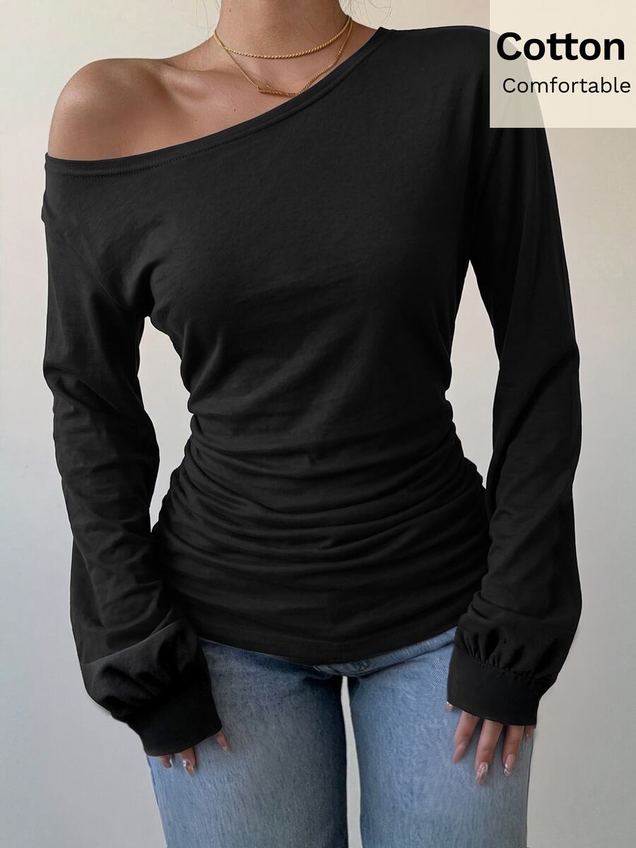 Siren Gaze Women's Solid Color Asymmetric Collar Ruched Waist T-Shirt Night Out Black Autumn Sexy