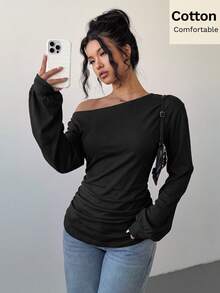 Siren Gaze Women's Solid Color Asymmetric Collar Ruched Waist T-Shirt Night Out Black Autumn Sexy - Black - View 4