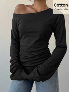 Siren Gaze Women's Solid Color Asymmetric Collar Ruched Waist T-Shirt Night Out Black Autumn Sexy - Black - View 5
