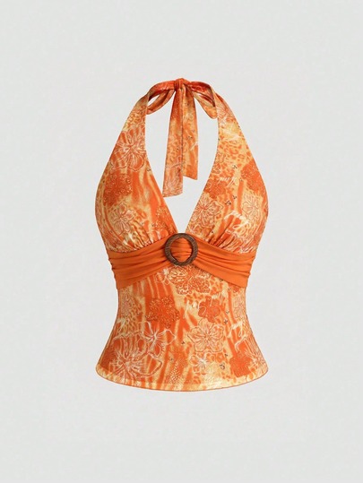 Hippie Débardeur à col ras-du-cou et dos nu imprimé hibiscus style Y2K, style île de vacances pour femmes