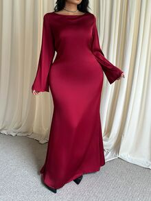 GalTyme Gaun Elegan Lengan Panjang Bahu Asimetris Warna Polos untuk Wanita Ukuran Plus (Musim Gugur) - Burgundy - View 5