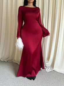 GalTyme Gaun Elegan Lengan Panjang Bahu Asimetris Warna Polos untuk Wanita Ukuran Plus (Musim Gugur) - Burgundy - View 4