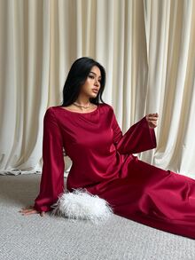 GalTyme Gaun Elegan Lengan Panjang Bahu Asimetris Warna Polos untuk Wanita Ukuran Plus (Musim Gugur) - Burgundy - View 3