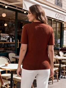 SHEIN Lady CURVE Plus Size Women's Solid Color Casual Versatile Daily Wear Knit Top - Brown - View 2