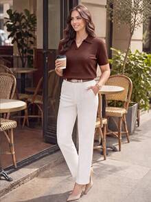 SHEIN Lady CURVE Plus Size Women's Solid Color Casual Versatile Daily Wear Knit Top - Brown - View 4