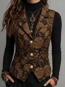 Omancia Jaket Rompi Kerah Jacquard Bunga - Coklat - View 3