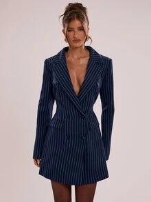 SHEIN BAE Navy Striped Blazer Dress, Long Sleeve Pinstripe Oversized Shirt Jacket For Work Brunch Date Night Fall, Blazer Dress, Navy Blue - Navy Blue - View 4