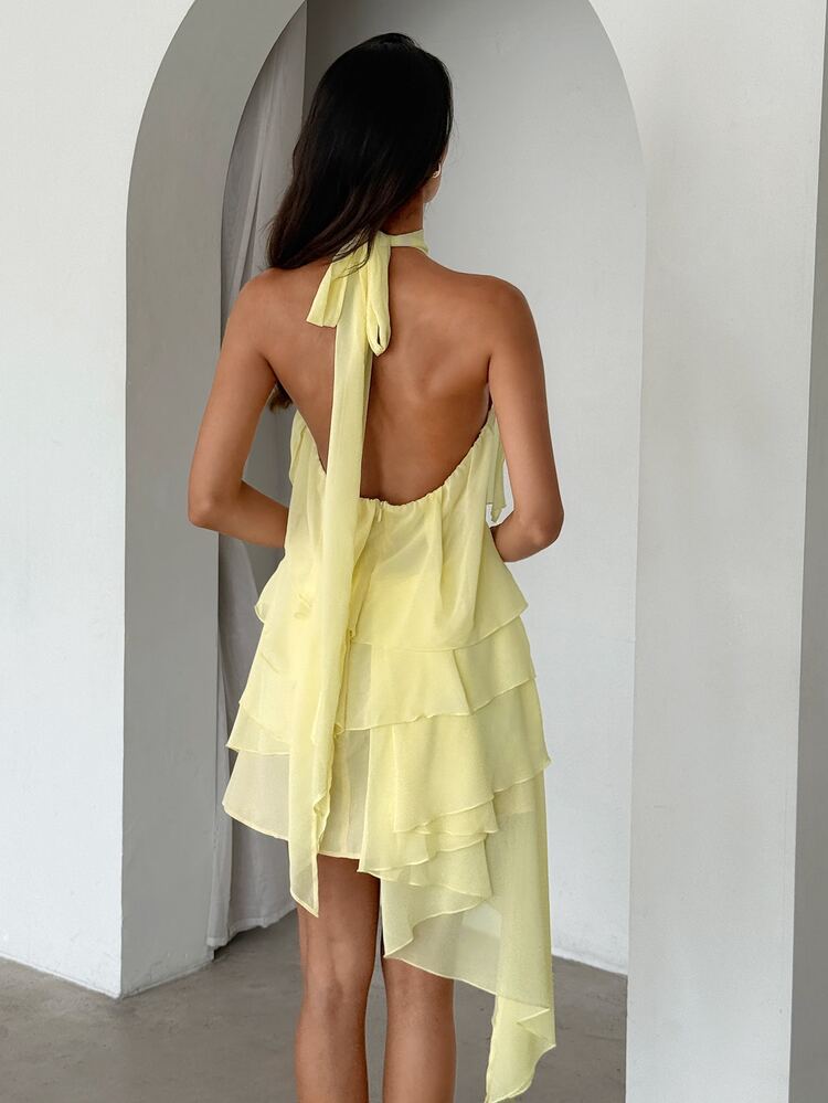 Aloruh Vestido mini elegante, romántico y de moda, de gasa ligera con dobladillo con volantes y asimétrico, adecuado para vacaciones, citas, salir a cenar, playa - Amarillo claro - Añade 5