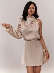 Aloruh Women's Apricot Autumn Elegant Mandarin Collar Draped Long Sleeve Party Dress,Modest Wedding Guest Evening Outfits,Bridal Shower White Mini Dresses - Apricot - View 8