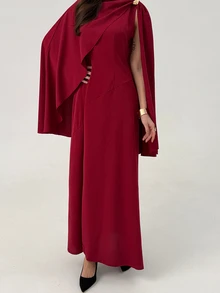 Aloruh Women's Burgundy Summer Elegant Maxi Cape Dress,Solid Color Metallic Embellishments,Modest Design For Dining,Cocktail Parties & Wedding Guests - Red Violet - View 6